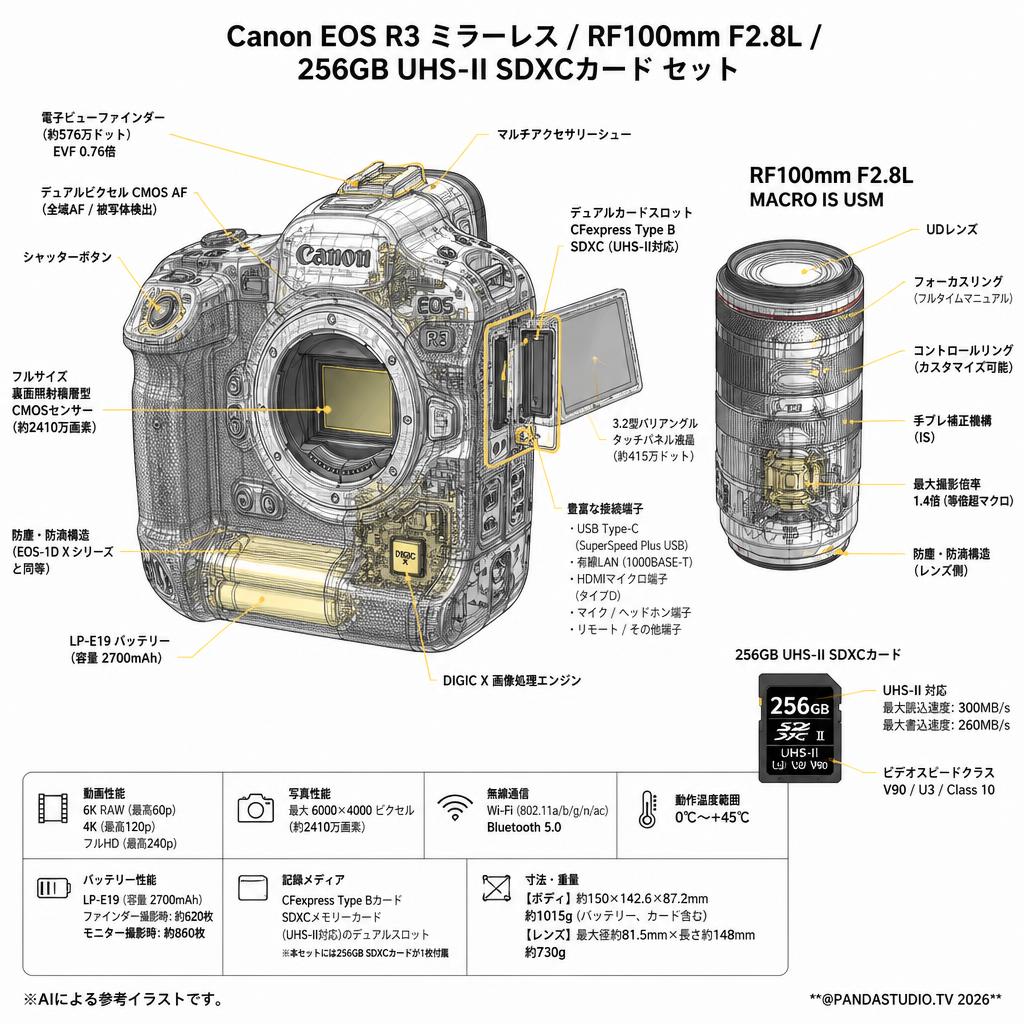 Canon EOS R3 ミラーレス / RF100mm F2.8L  / 256GB UHS-II SDXCカード セット スペック