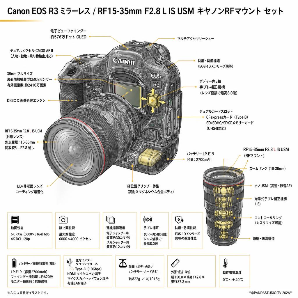 Canon EOS R3 ミラーレス / RF15-35mm F2.8 L IS USM キヤノンRFマウント セット スペック