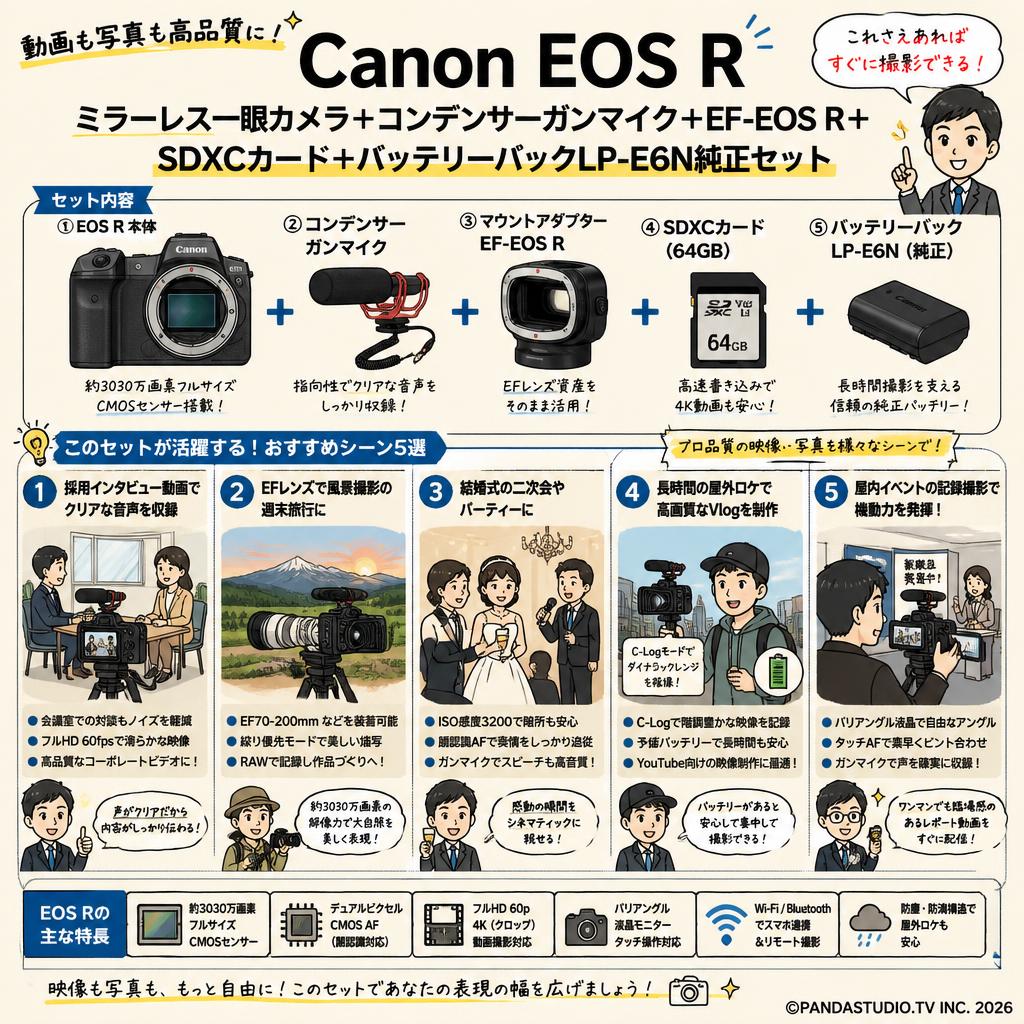 Canon EOS Rミラーレス一眼カメラ+コンデンサーガンマイク+EF-EOS R+SDXCカード+バッテリーパックLP-E6N純正セット 用途