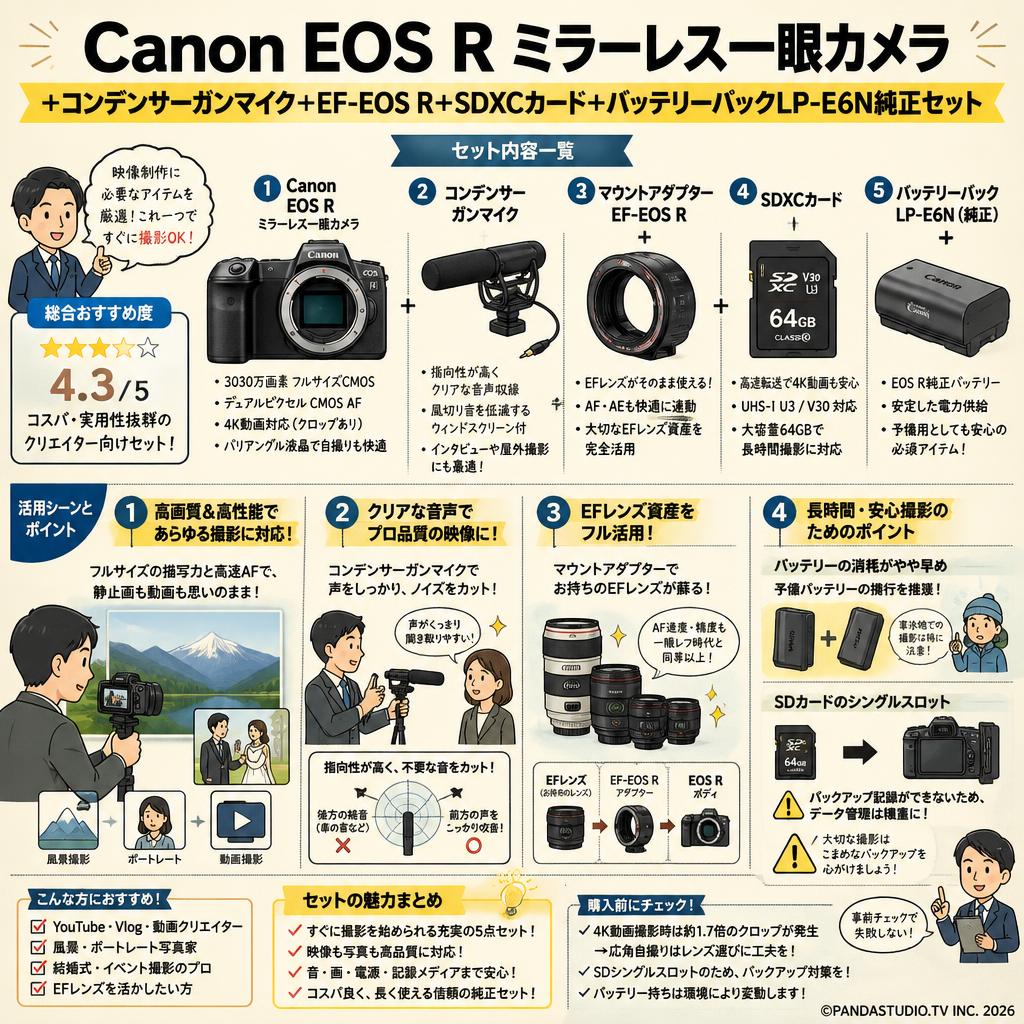 Canon EOS Rミラーレス一眼カメラ+コンデンサーガンマイク+EF-EOS R+SDXCカード+バッテリーパックLP-E6N純正セット インターネット上のお客様の声（評判）