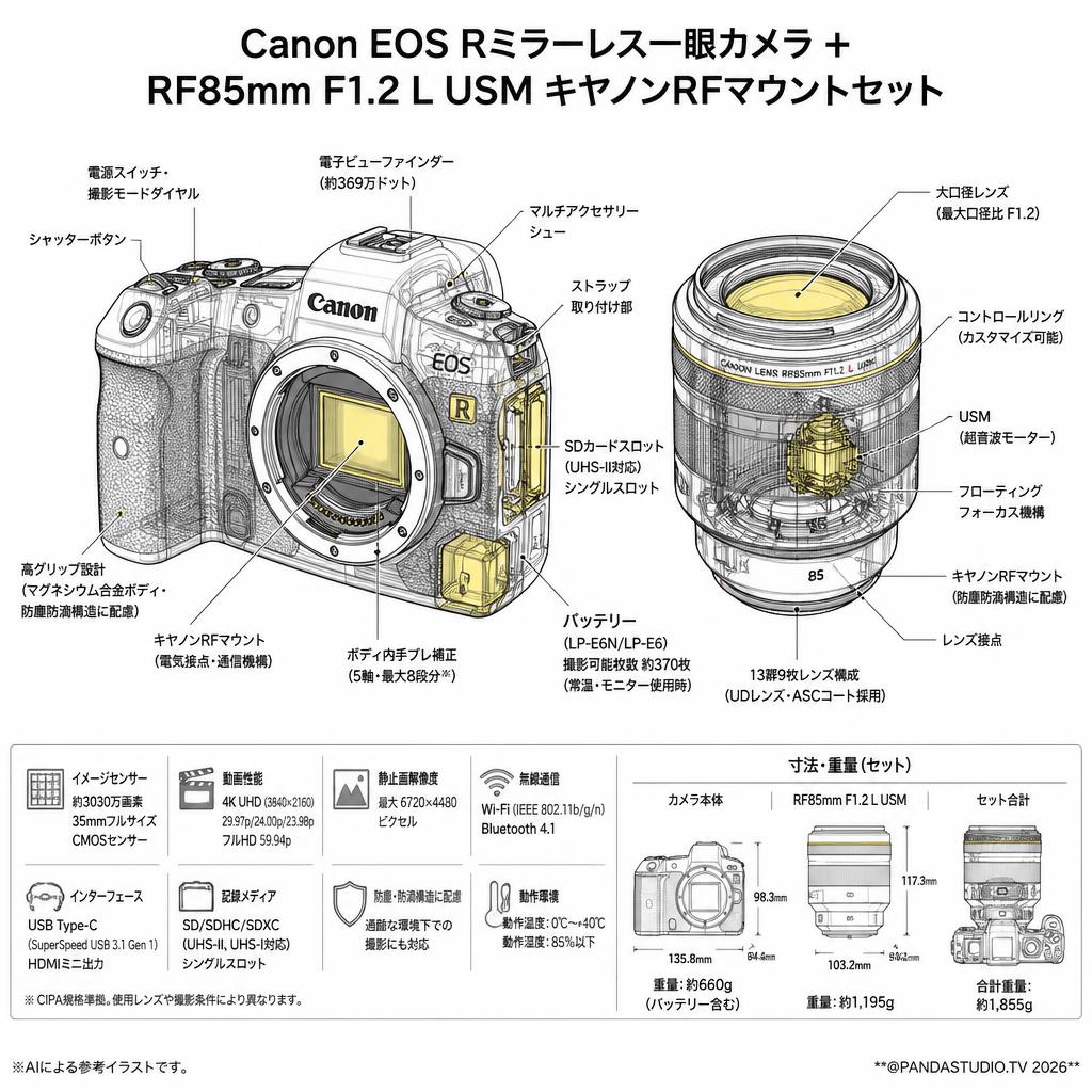 Canon EOS Rミラーレス一眼カメラ+RF85mm F1.2 L USM キヤノンRFマウントセット スペック