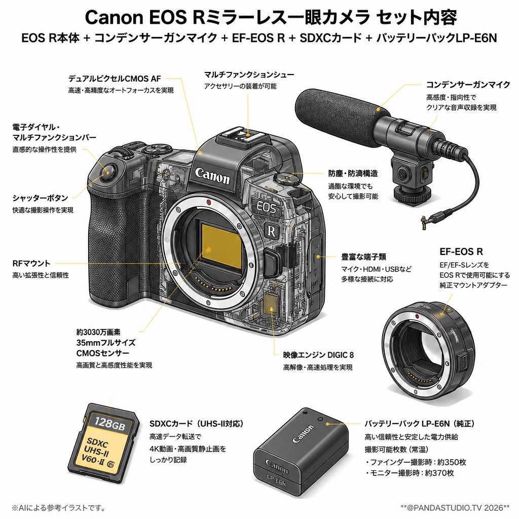 Canon EOS Rミラーレス一眼カメラ+コンデンサーガンマイク+EF-EOS R+SDXCカード+バッテリーパックLP-E6N純正セット スペック