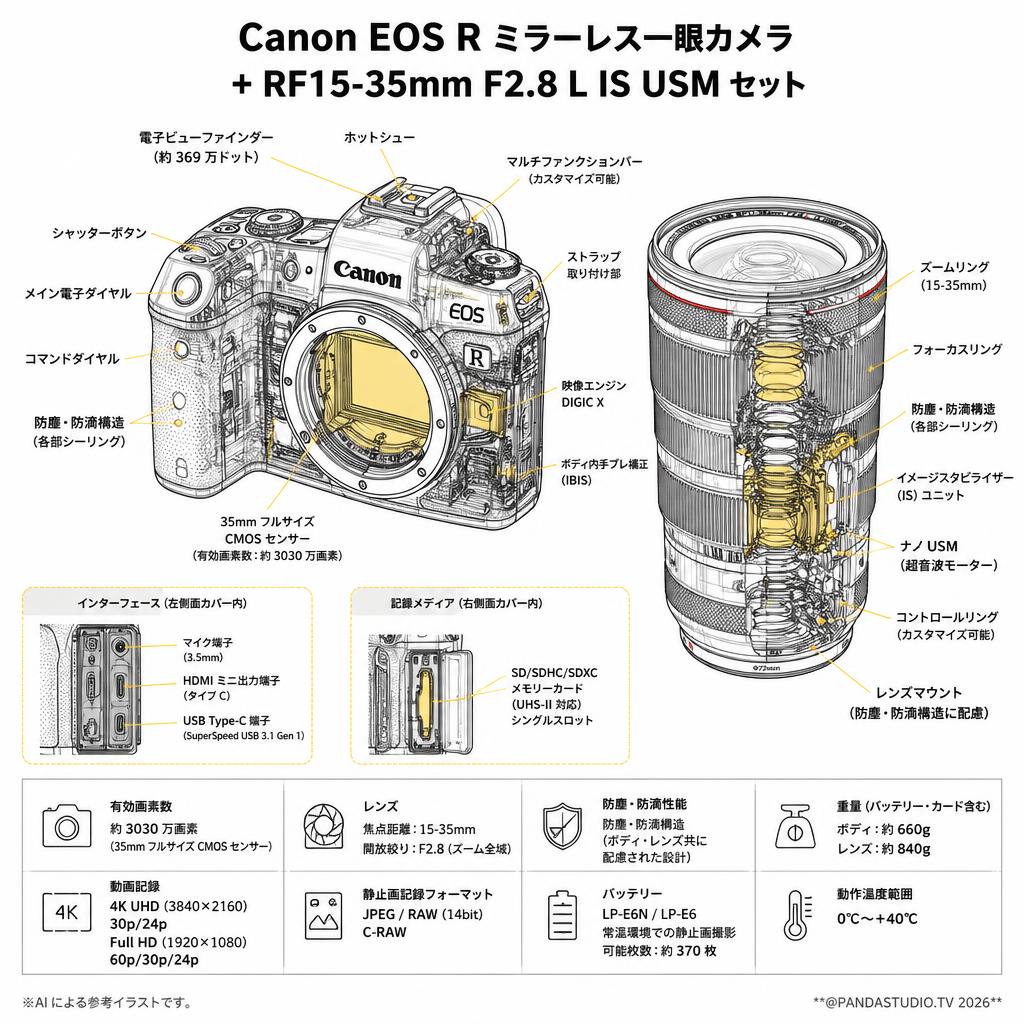 Canon EOS Rミラーレス一眼カメラ+RF15-35mm F2.8 L IS USMセット スペック