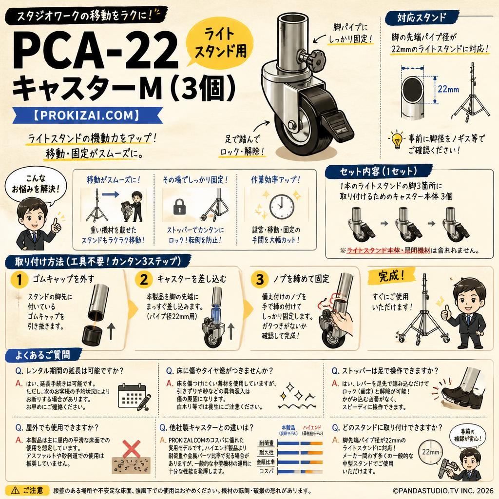 PCA-22 ライトスタンド用キャスターM（3個）【PROKIZAI.COM】 FAQ（よくある質問と答え）