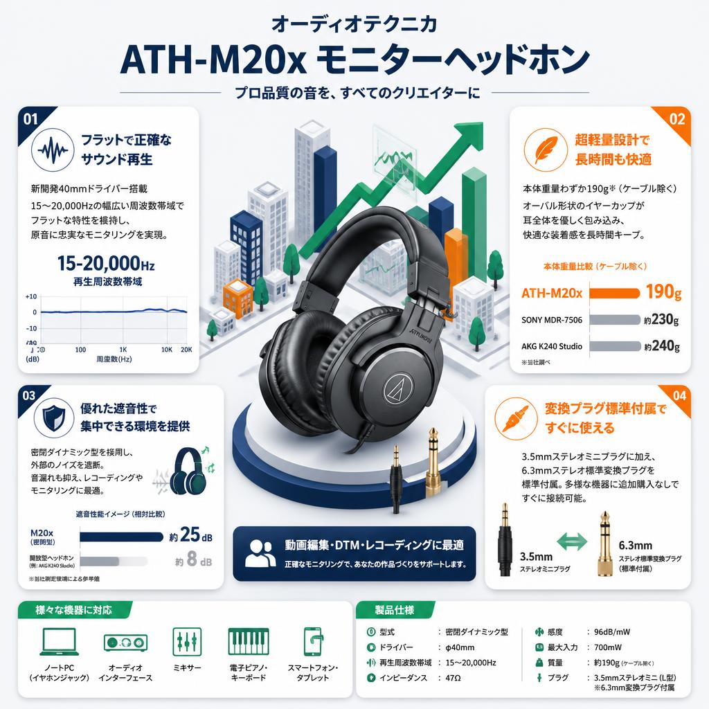 audio technica ATH-M20xモニターヘッドホン セールスポイント