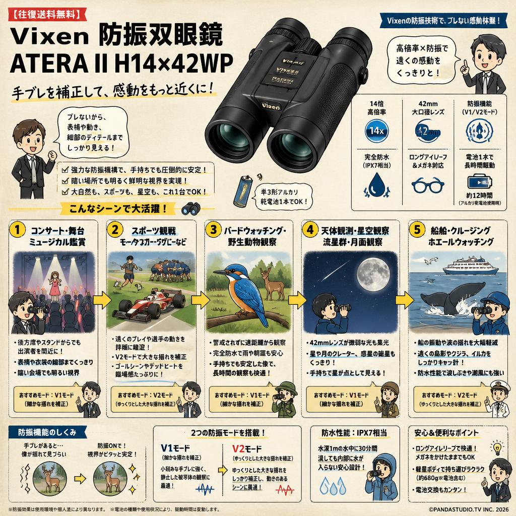 【往復送料無料】Vixen 防振双眼鏡 ATERA II H14×42WP 用途