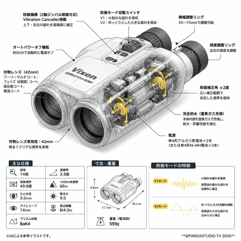 【往復送料無料】Vixen 防振双眼鏡 ATERA II H14×42WP スペック