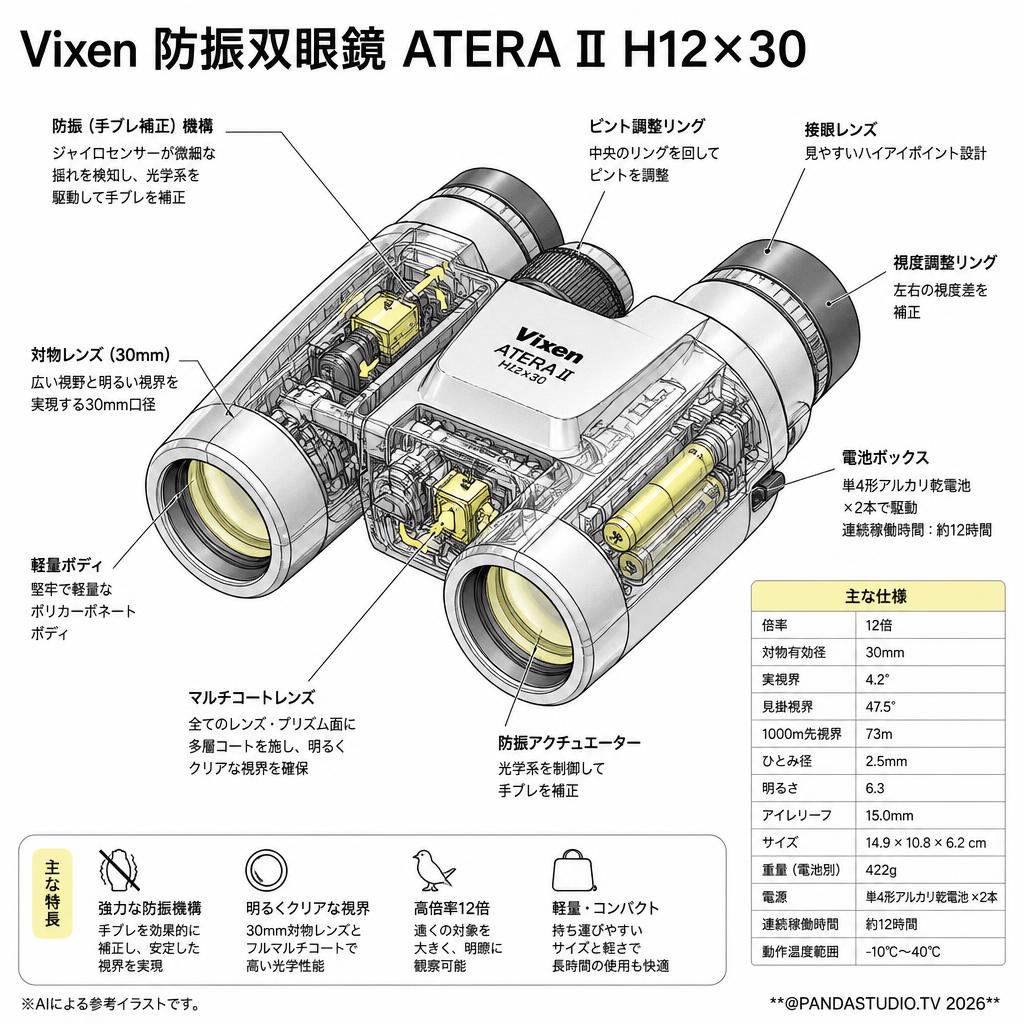 Vixen 防振双眼鏡 ATERA II H12×30 【2日以上で往復送料無料】 スペック