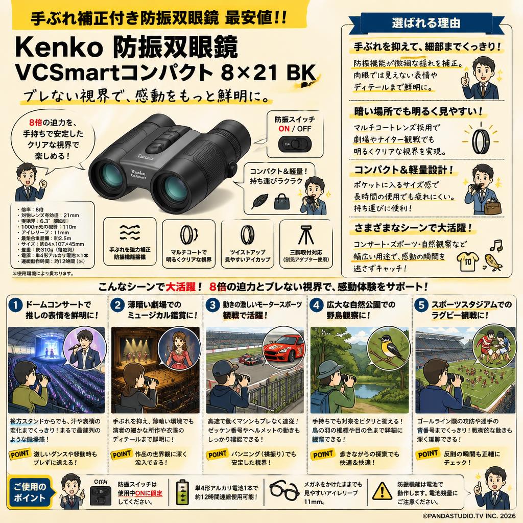 【手ぶれ補正付き防振双眼鏡最安値!!】Kenko 防振双眼鏡 VCSmartコンパクト 8×21 BK 用途