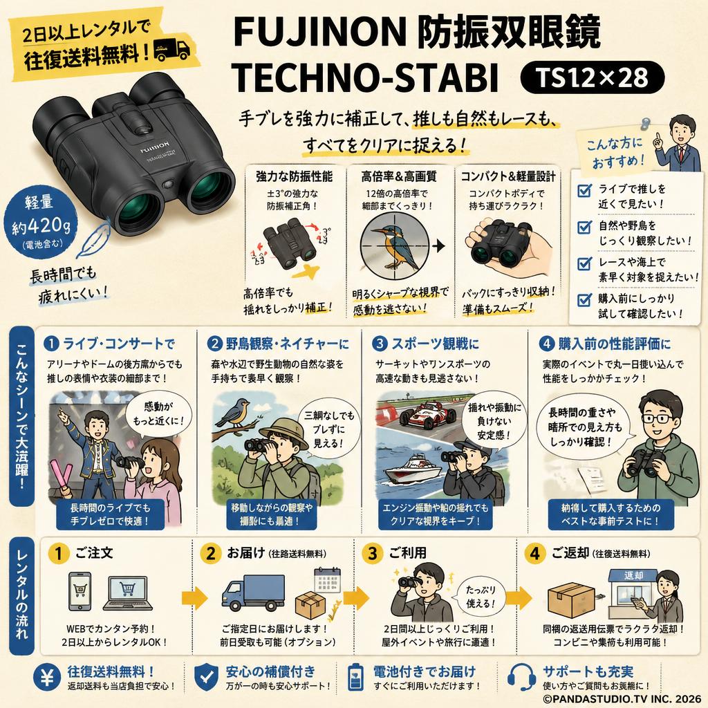 【2日以上レンタルで往復送料無料】 FUJINON 防振双眼鏡 TECHNO-STABI  TS12×28 おもな対象のお客様