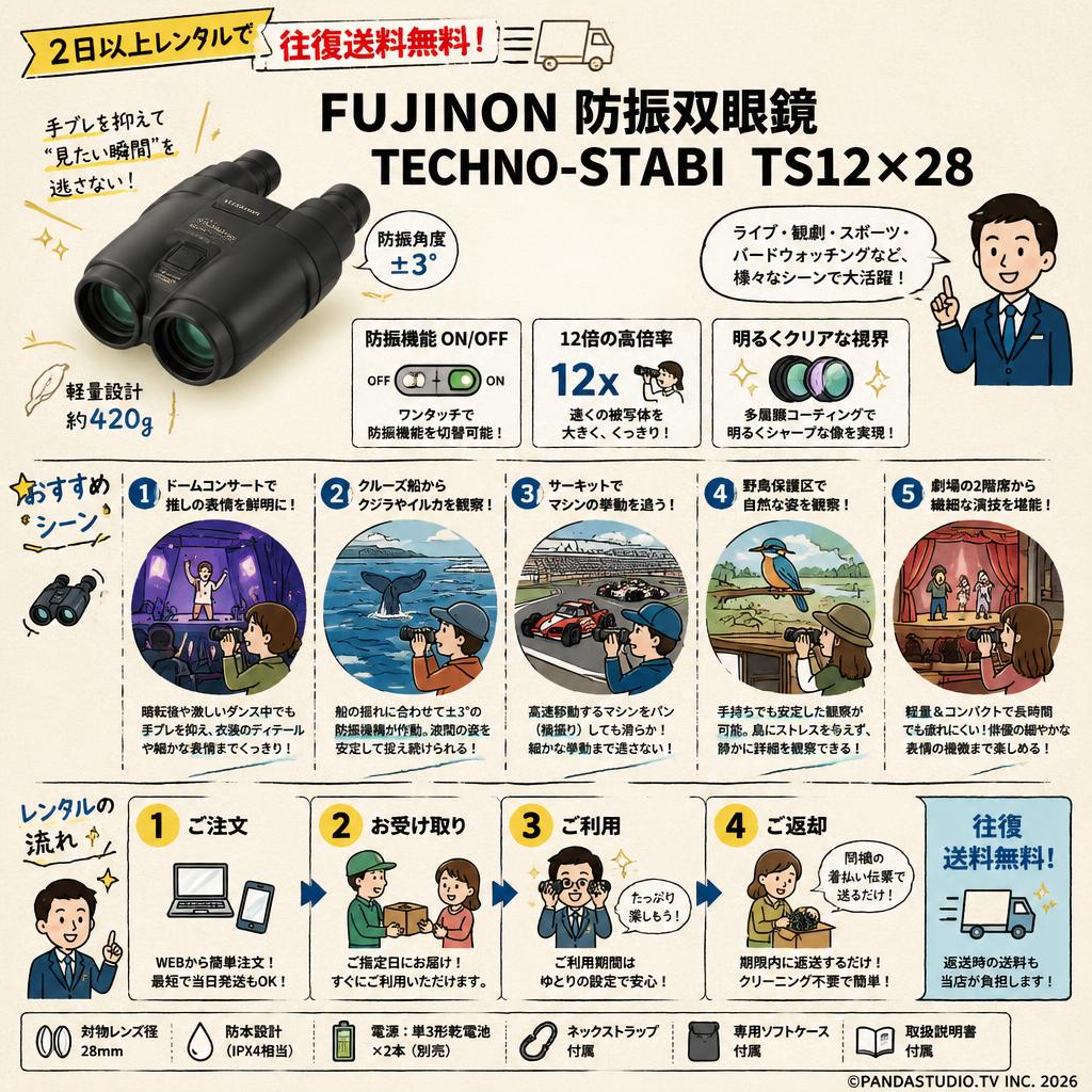 【2日以上レンタルで往復送料無料】 FUJINON 防振双眼鏡 TECHNO-STABI  TS12×28 用途