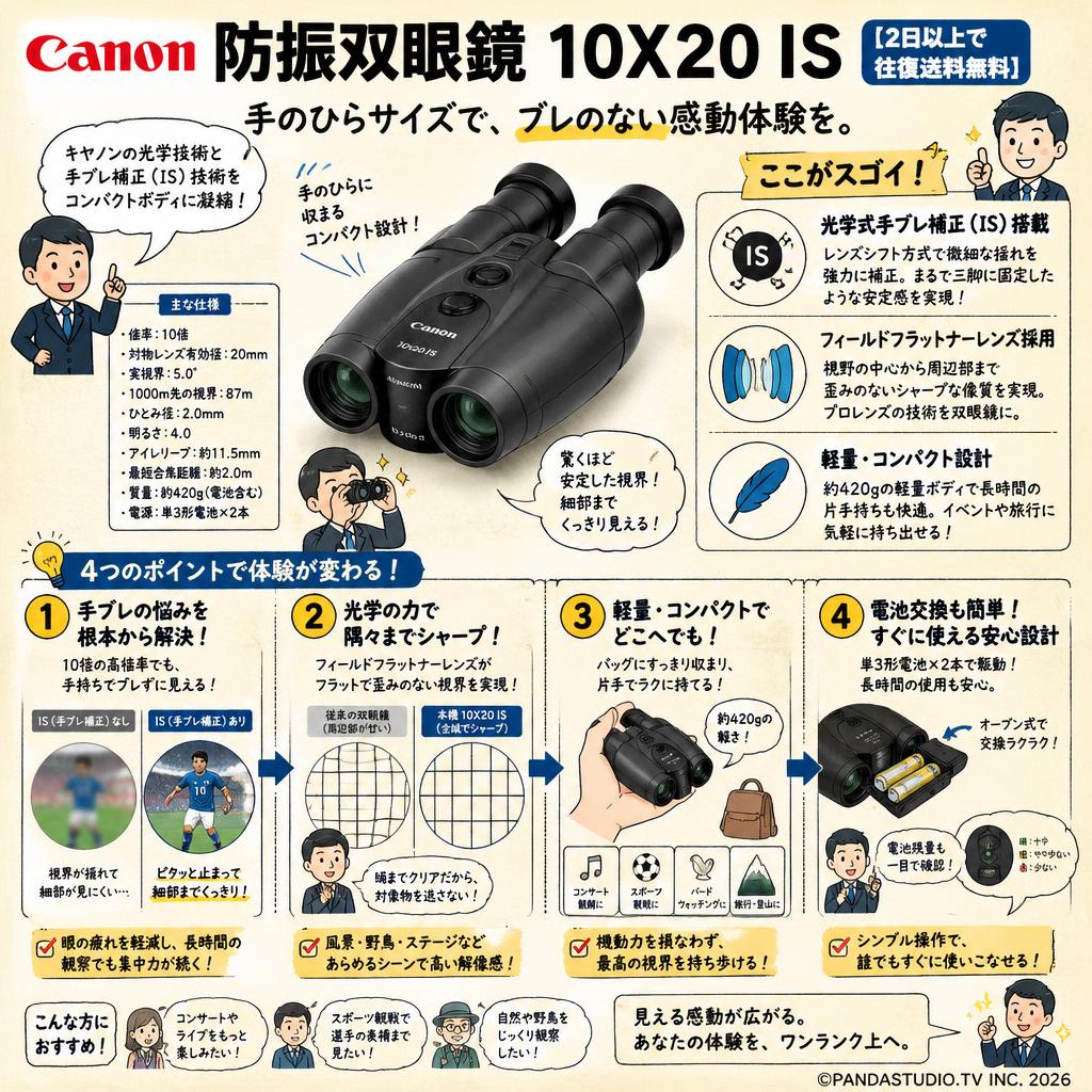 Canon 防振双眼鏡 10X20 IS 【2日以上で往復送料無料】 概要