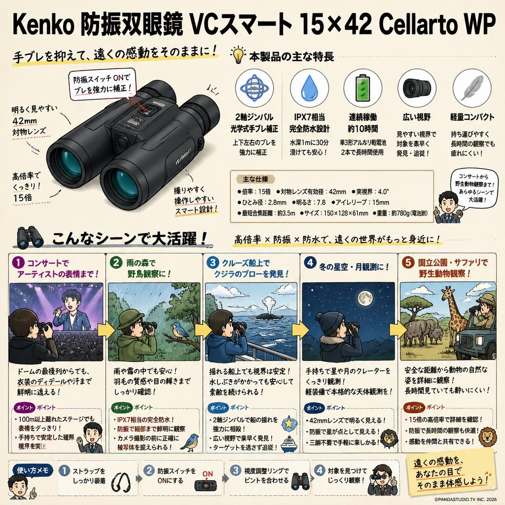 Kenko 防振双眼鏡防 VCスマート 15×42 Cellarto WP 用途