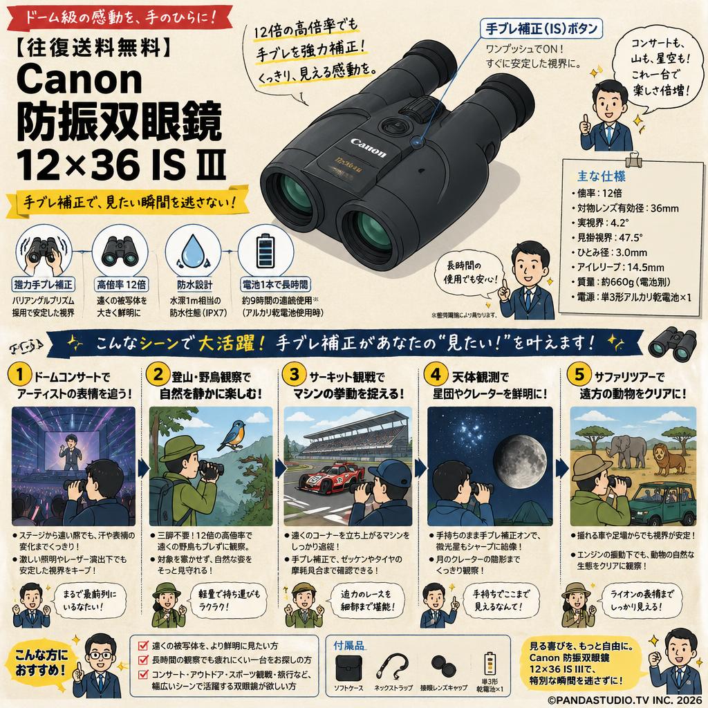 【往復送料無料】Canon 防振双眼鏡 12×36 IS III 用途