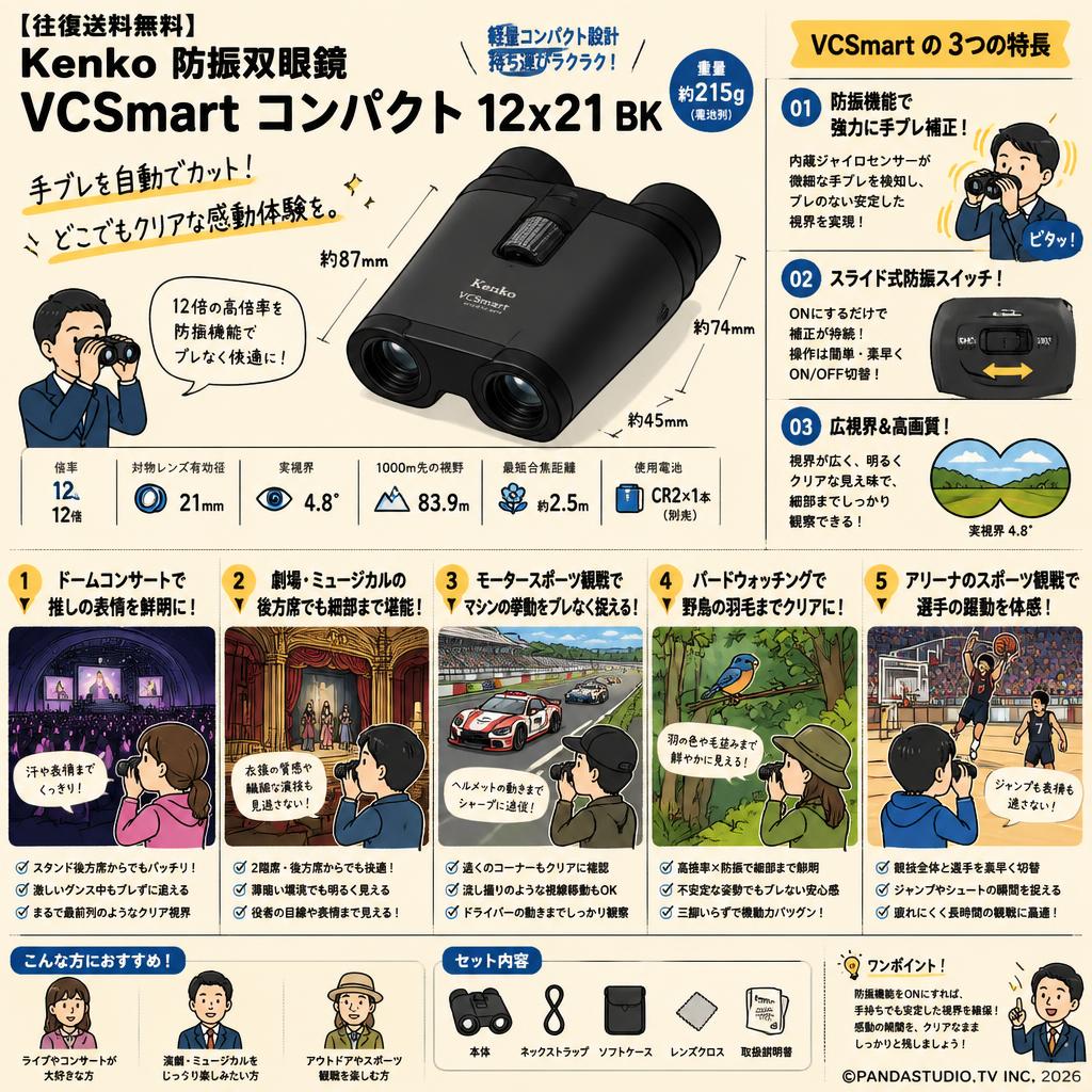 【往復送料無料】Kenko 防振双眼鏡 VCSmart コンパクト12x21 BK 用途