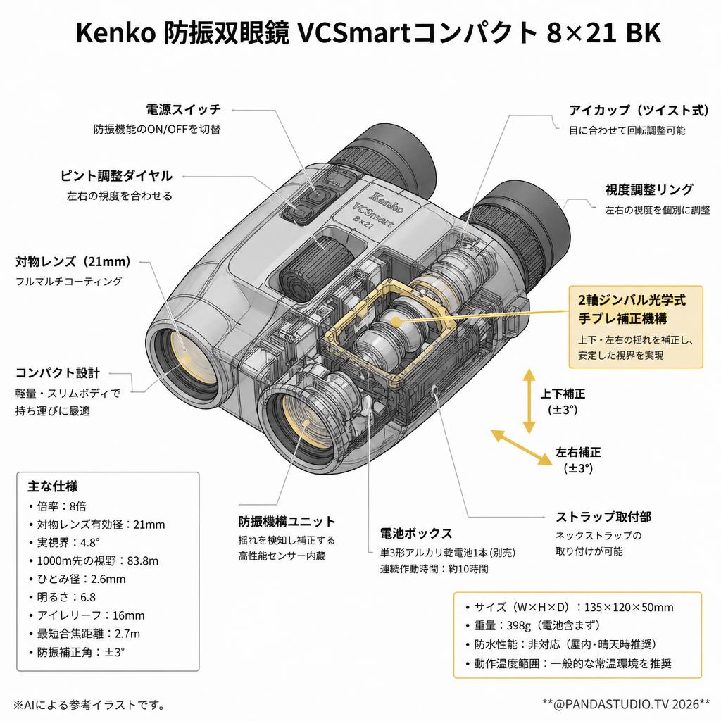 【手ぶれ補正付き防振双眼鏡最安値!!】Kenko 防振双眼鏡 VCSmartコンパクト 8×21 BK スペック