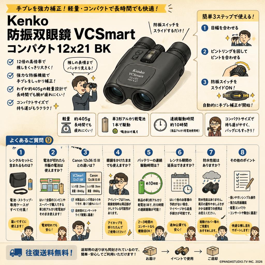 【往復送料無料】Kenko 防振双眼鏡 VCSmart コンパクト12x21 BK FAQ（よくある質問と答え）