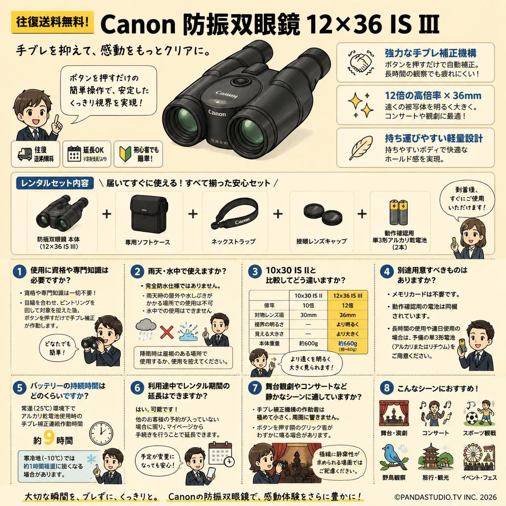【往復送料無料】Canon 防振双眼鏡 12×36 IS III FAQ（よくある質問と答え）