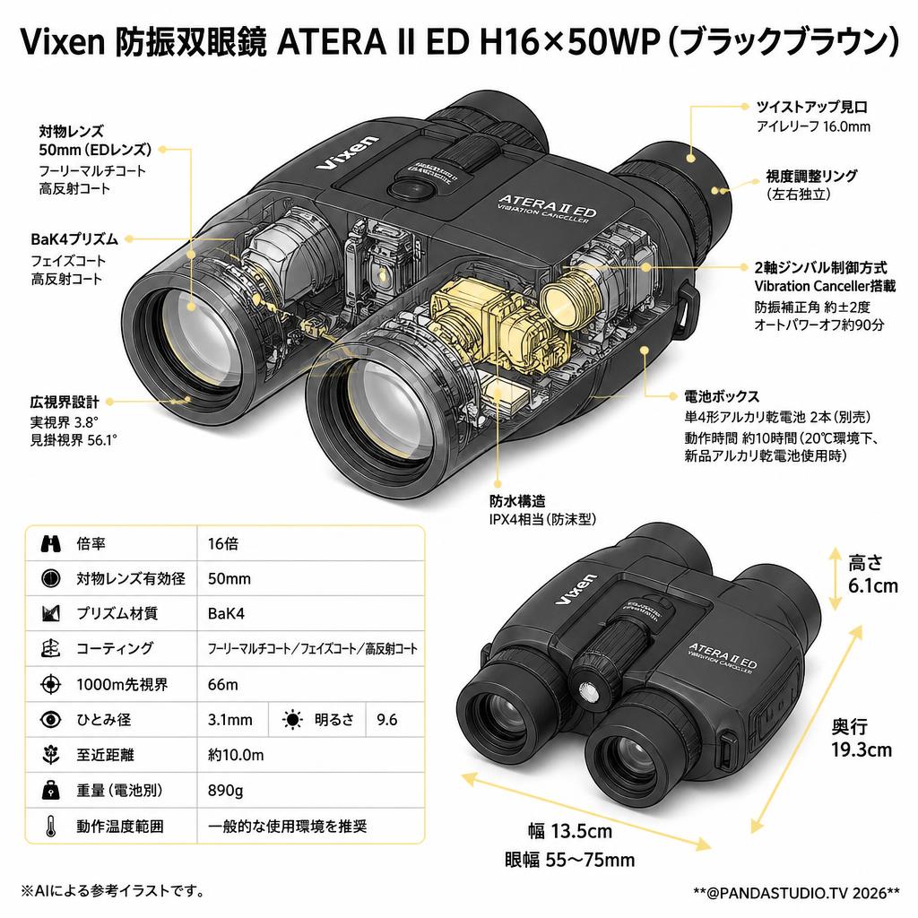 Vixen 防振双眼鏡 ATERA II ED H16×50WP (ブラックブラウン) スペック