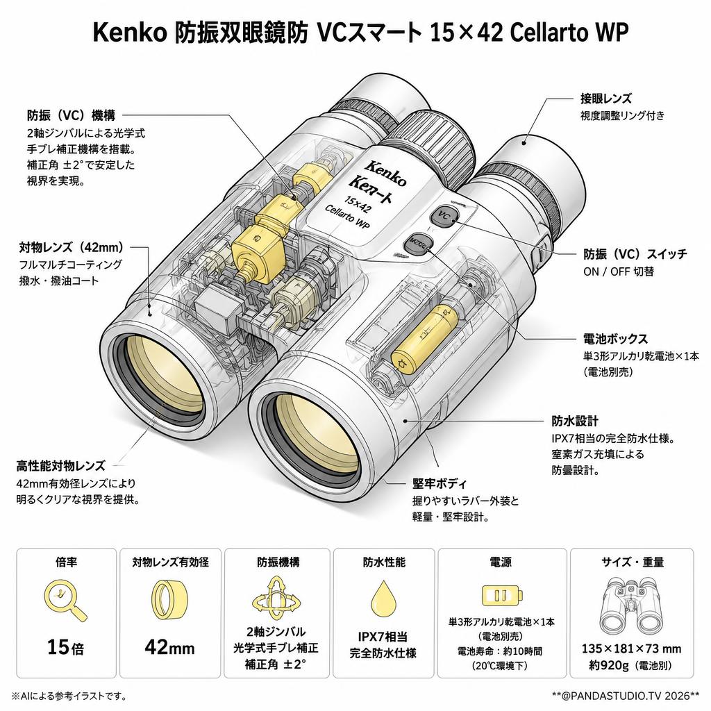 Kenko 防振双眼鏡防 VCスマート 15×42 Cellarto WP スペック