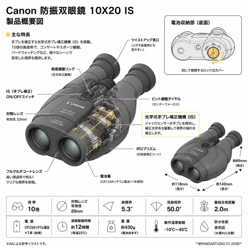 Canon 防振双眼鏡 10X20 IS 【2日以上で往復送料無料】 スペック
