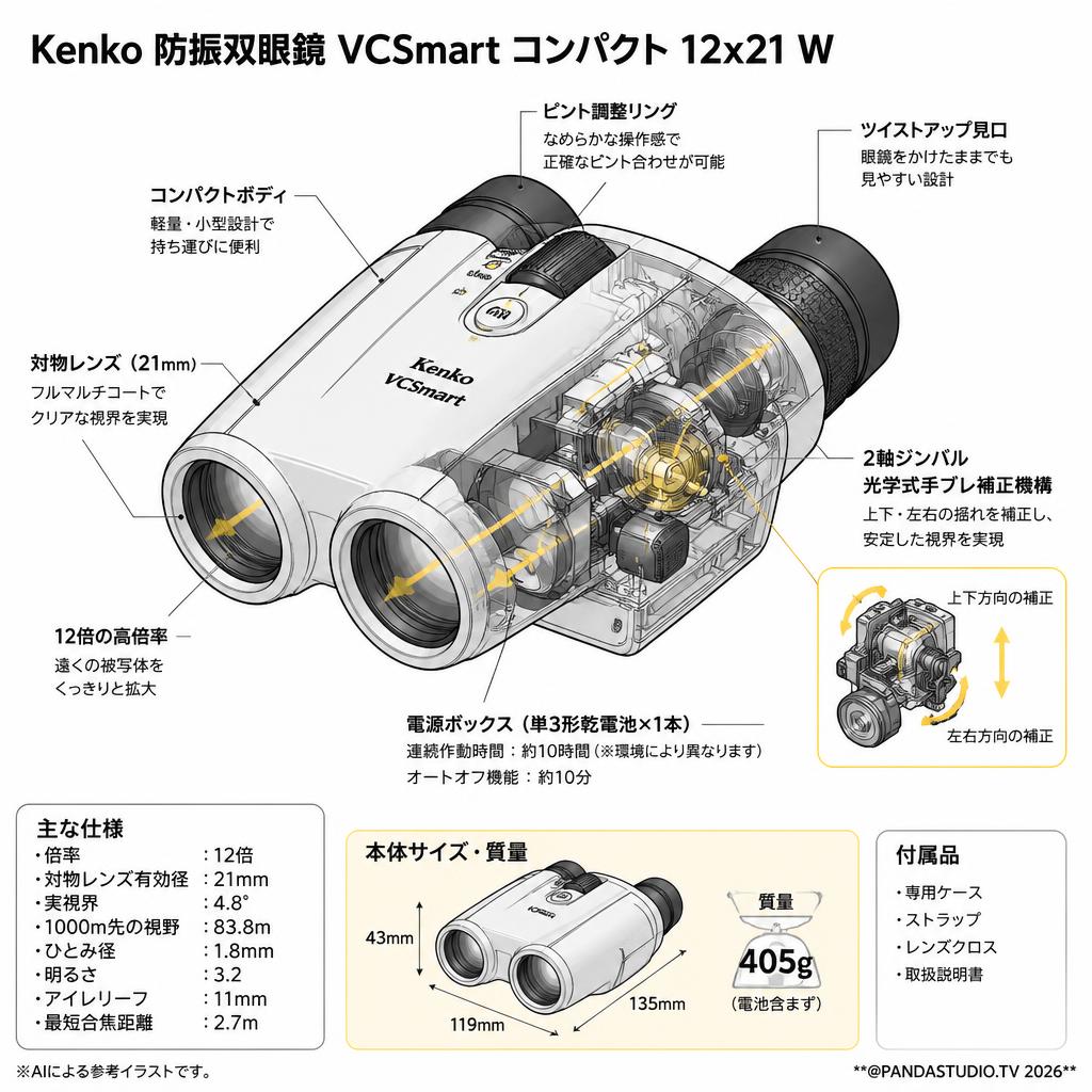 Kenko 防振双眼鏡 VCSmart コンパクト 12x21 W 【2日以上で往復送料無料】 スペック