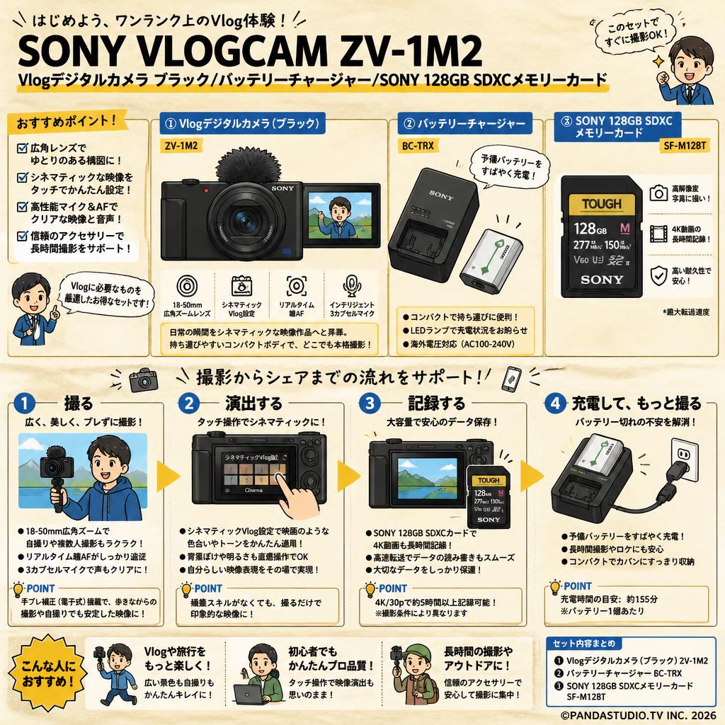 SONY VLOGCAM ZV-1M2 Vlog デジタルカメラブラック/ バッテリーチャージャー/ SONY 128GB SDXC メモリーカード 概要
