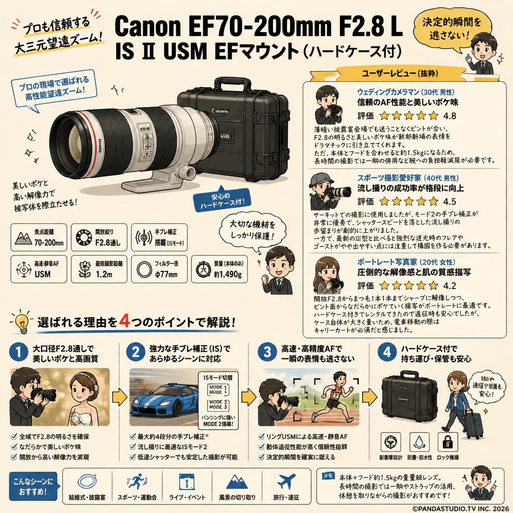 Canon EF70-200mm F2.8 L IS Ⅱ USM EFマウント（ハードケ－ス付） インターネット上のお客様の声（評判）