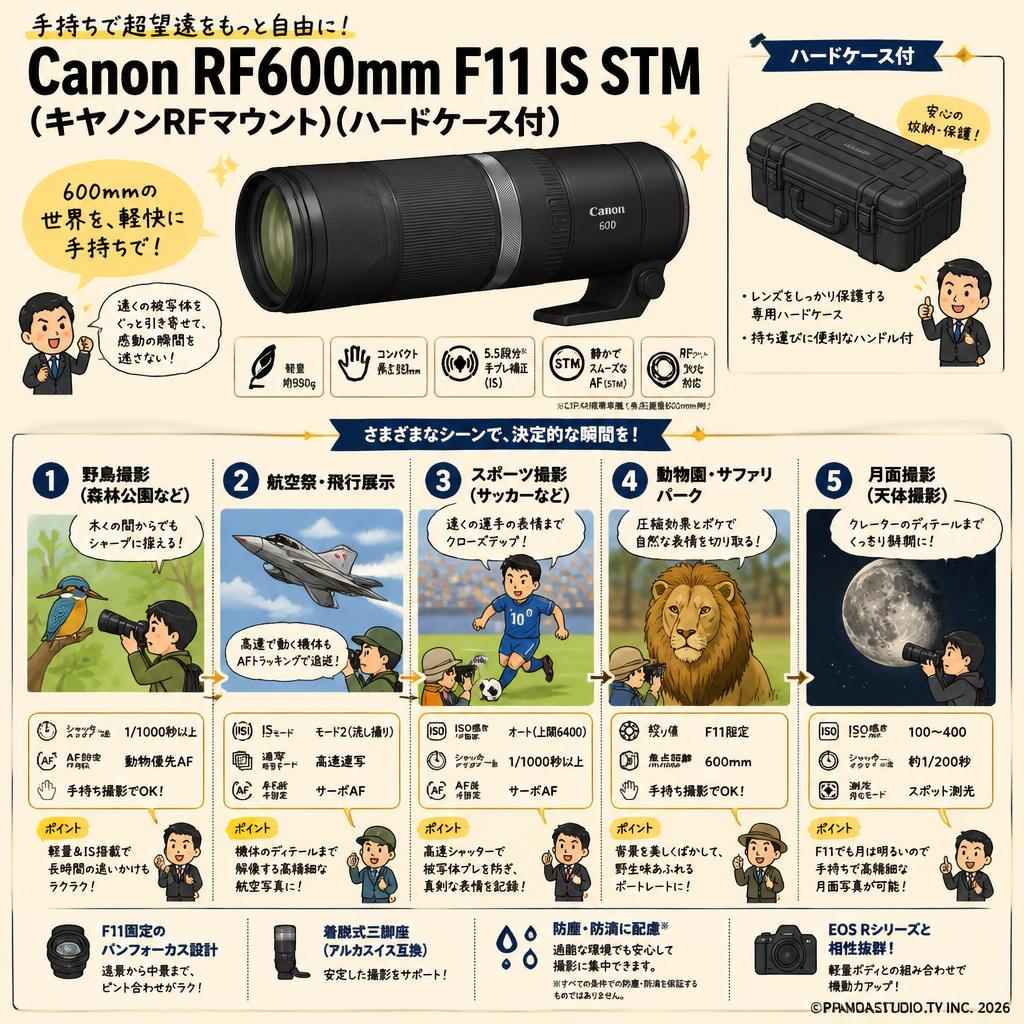 Canon RF600mm F11 IS STM (キヤノンRFマウント)(ハードケ－ス付) 用途