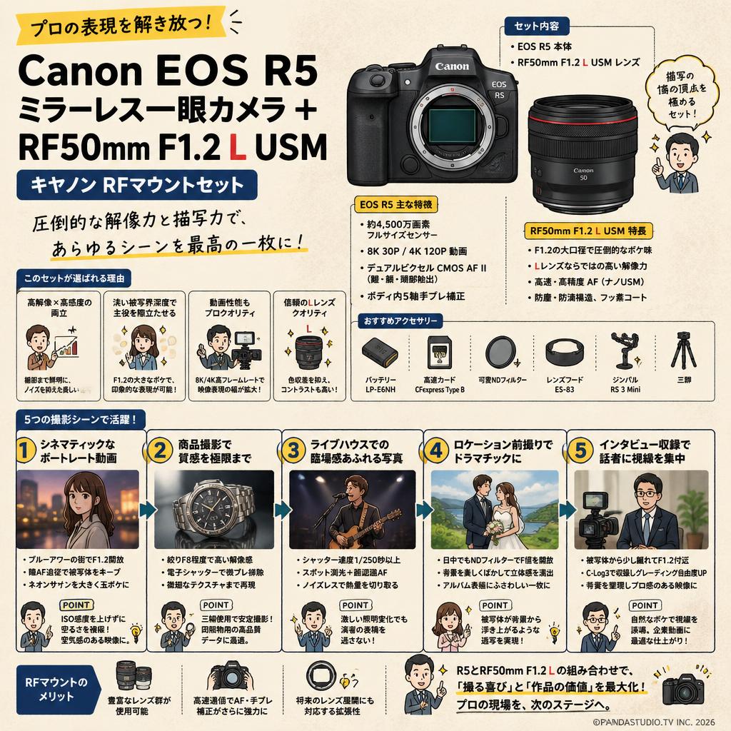 Canon EOS R5 ミラーレス一眼カメラ+RF50mm F1.2 L USM キヤノンRFマウントセット 用途