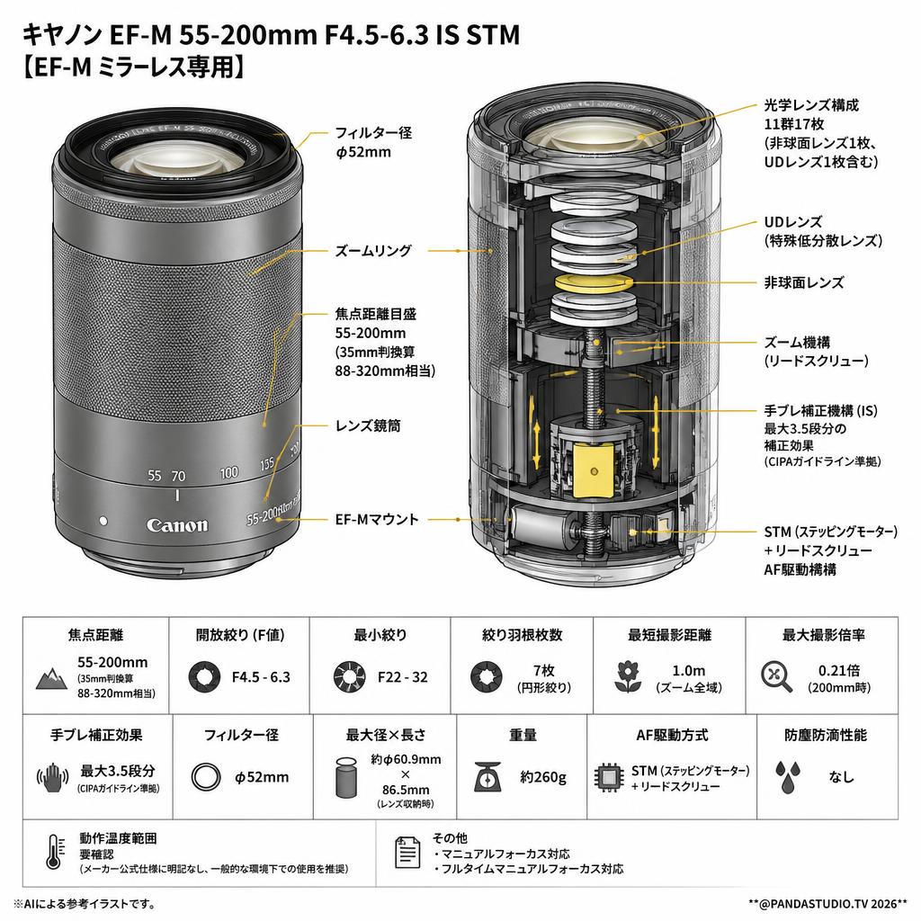 Canon EF-M 55-200mm F4.5-6.3 IS STM 【EF-M ミラーレス専用】 スペック