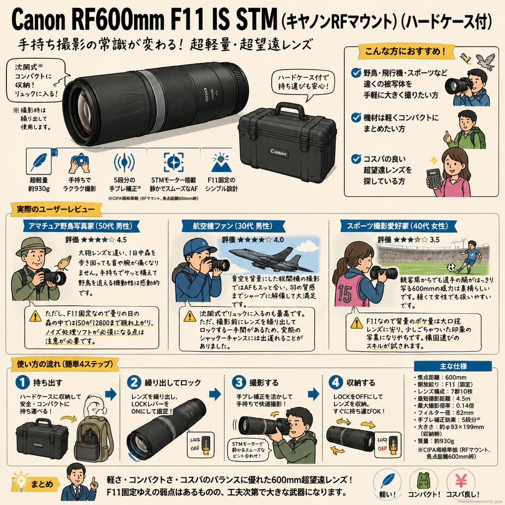 Canon RF600mm F11 IS STM (キヤノンRFマウント)(ハードケ－ス付) インターネット上のお客様の声（評判）