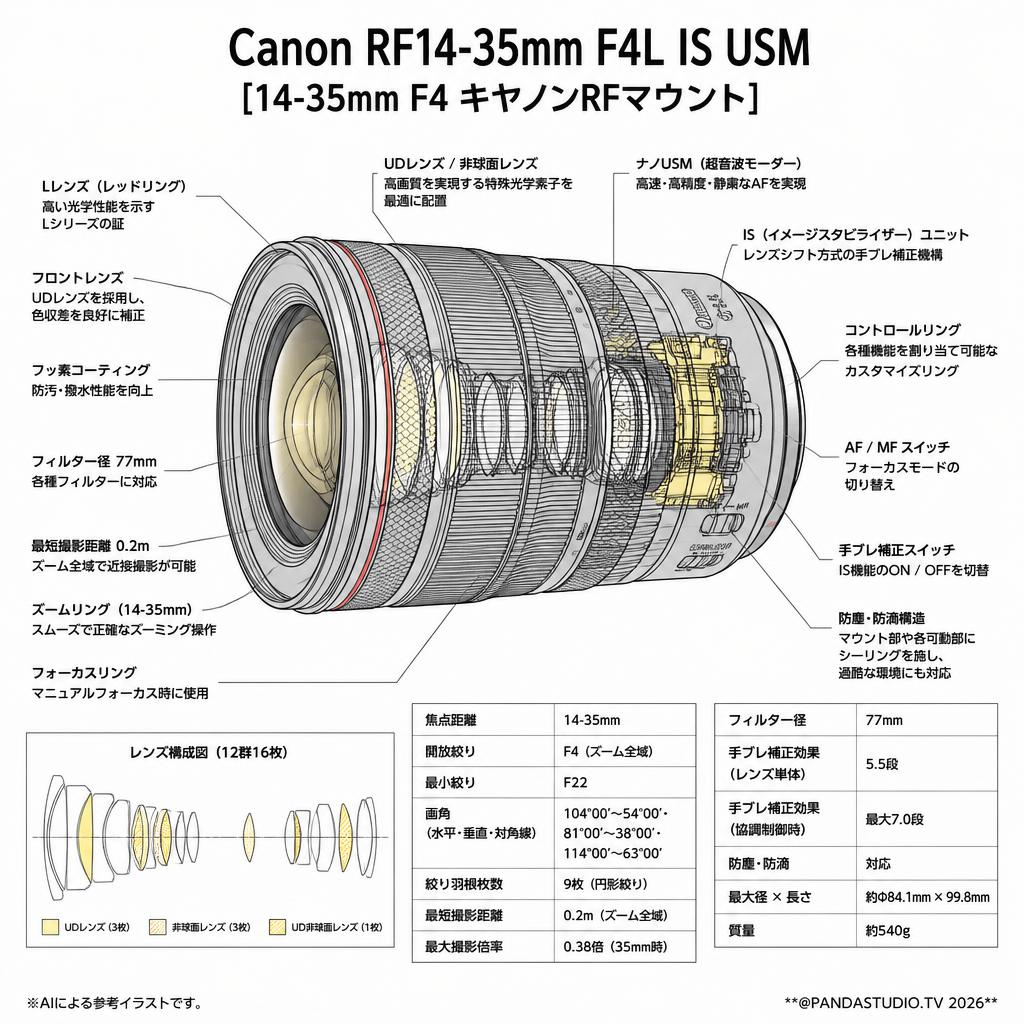 Canon RF14-35mm F4L IS USM [14-35mm F4 キヤノンRFマウント]． スペック