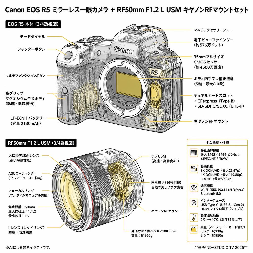 Canon EOS R5 ミラーレス一眼カメラ+RF50mm F1.2 L USM キヤノンRFマウントセット スペック