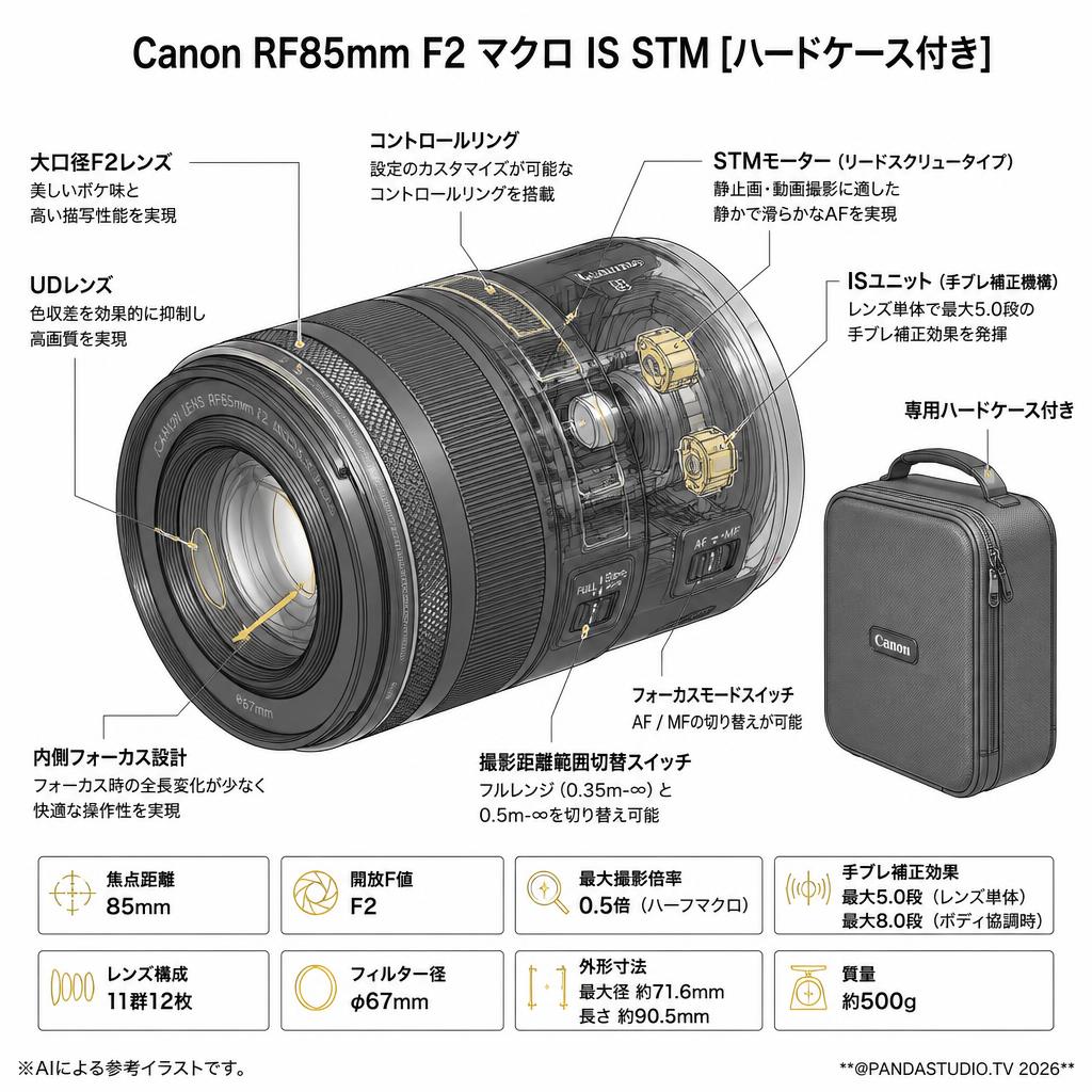 Canon RF85mm F2 マクロ IS STM [85mm/F2 マクロ RFマウント](ハードケース付き) スペック