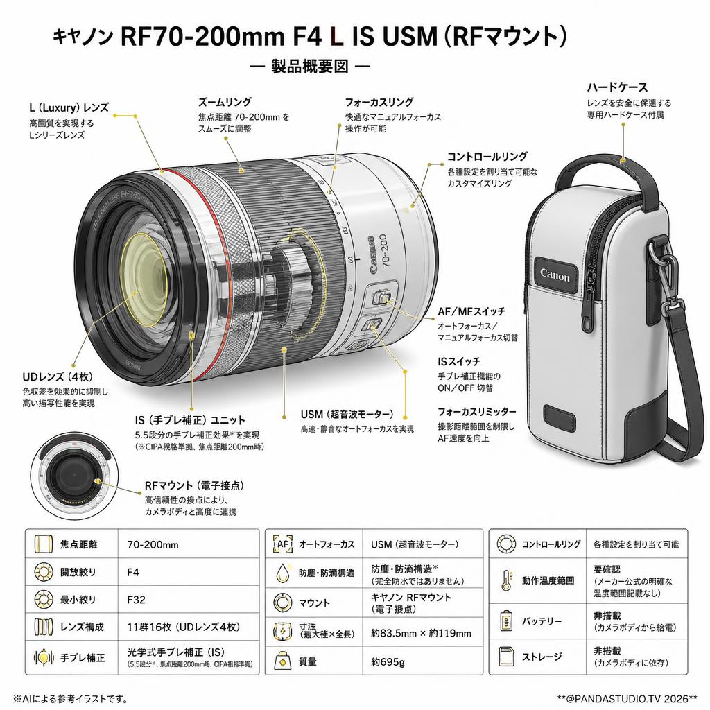Canon RF70-200mm F4 L IS USMキヤノンRFマウント(ハードケース) スペック
