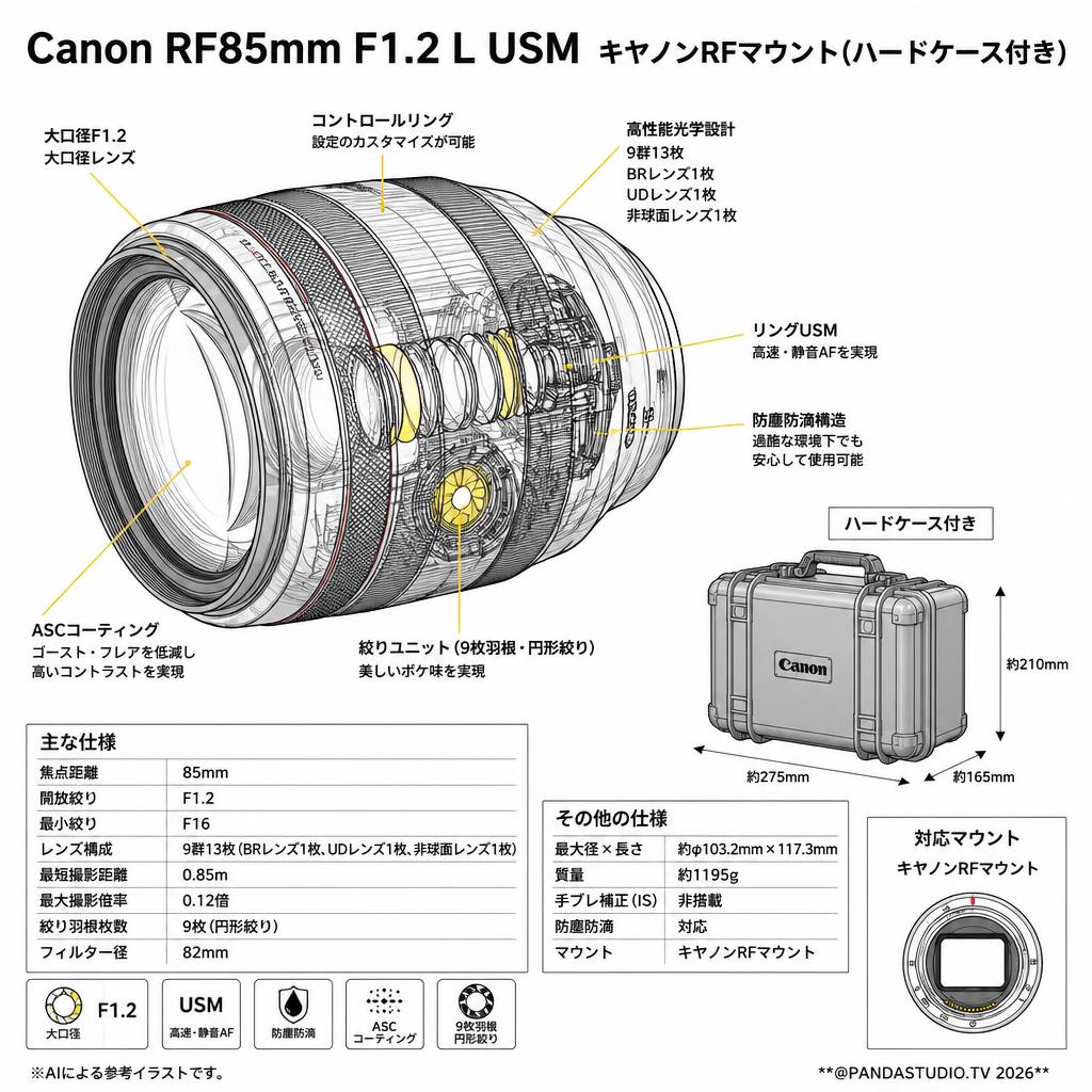 Canon RF85mm F1.2 L USM キヤノンRFマウント(ハードケース付き) スペック