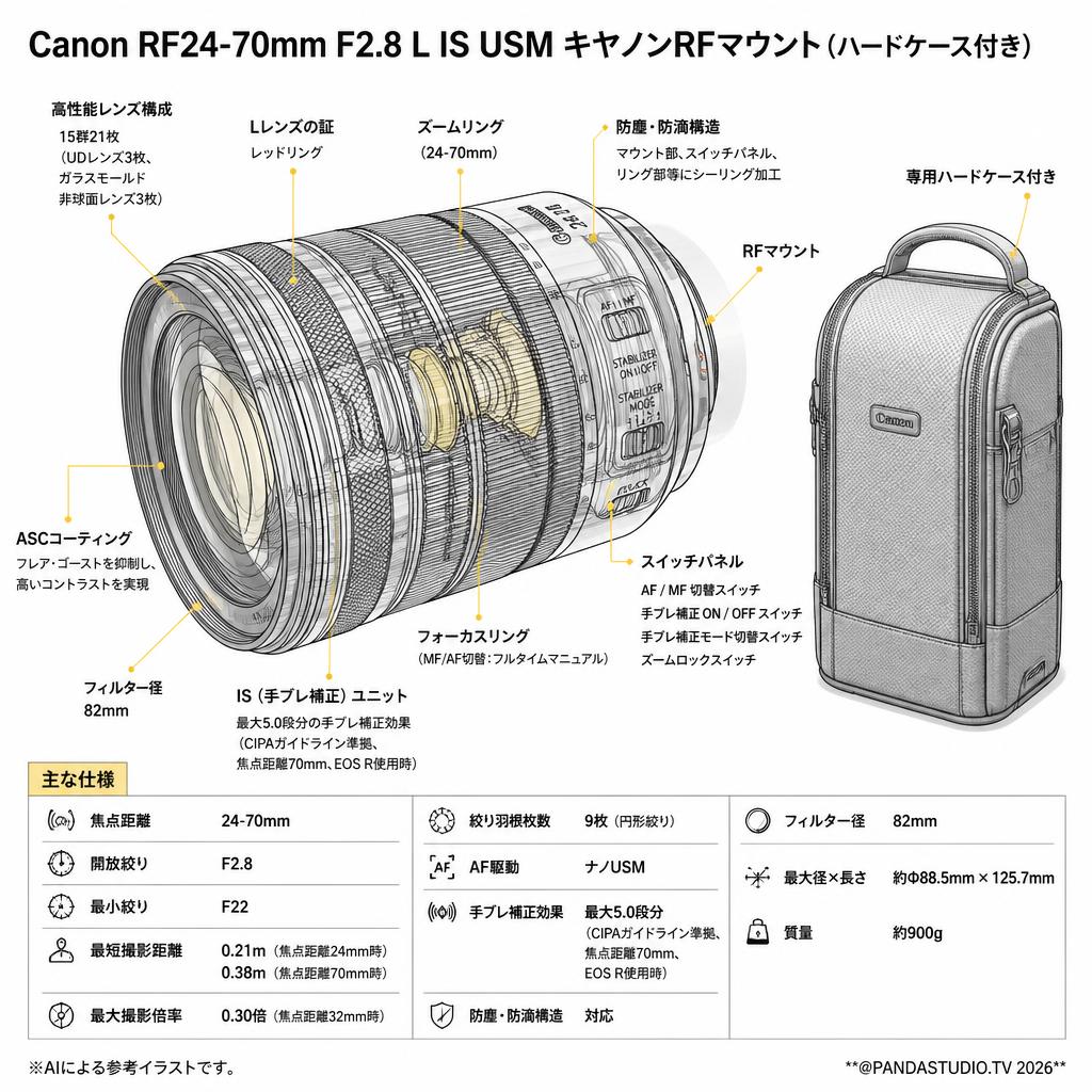 Canon RF24-70mm F2.8 L IS USM キヤノンRFマウント(ハードケース付き) スペック