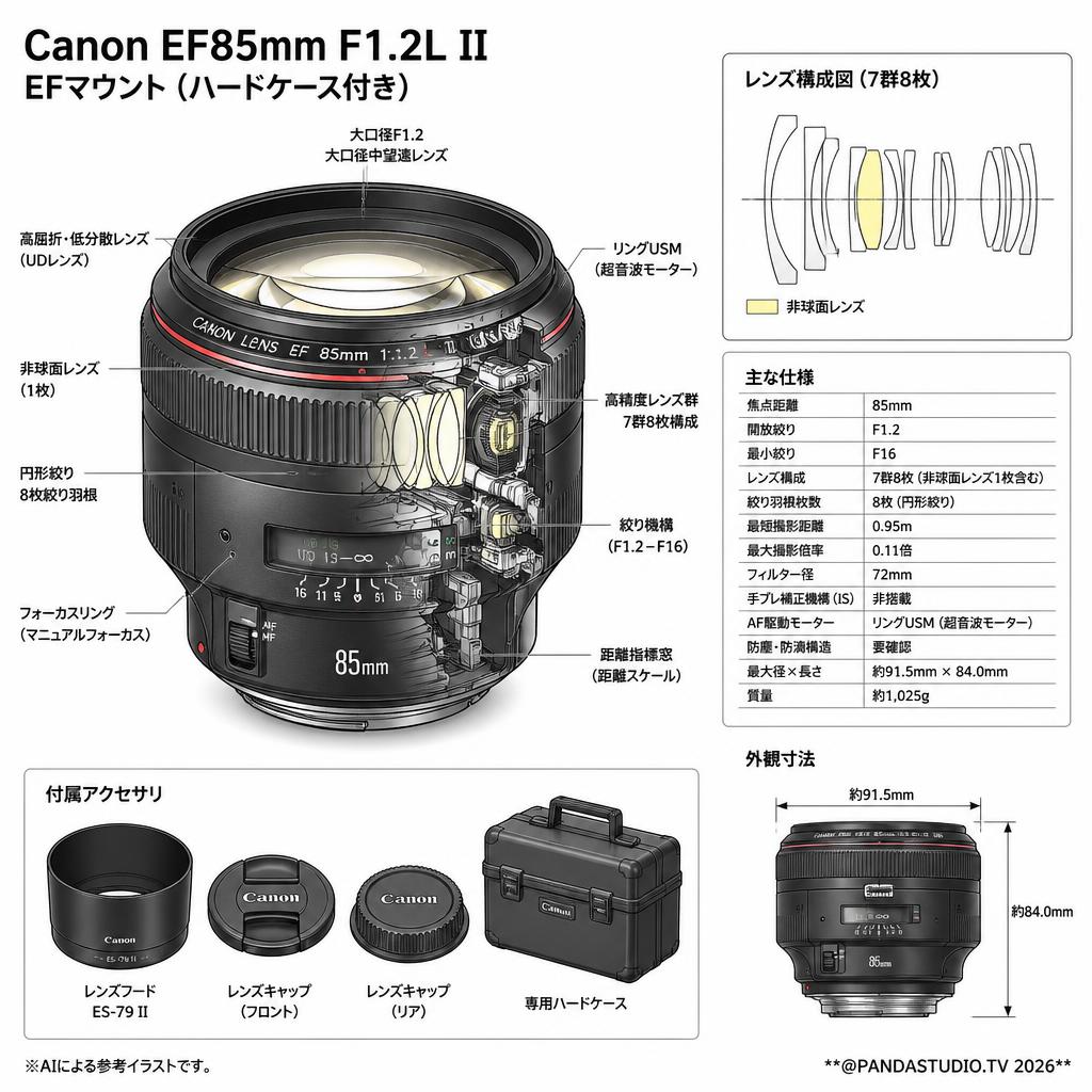 Canon EF85mm F1.2L II EFマウント(ハードケース付き) スペック