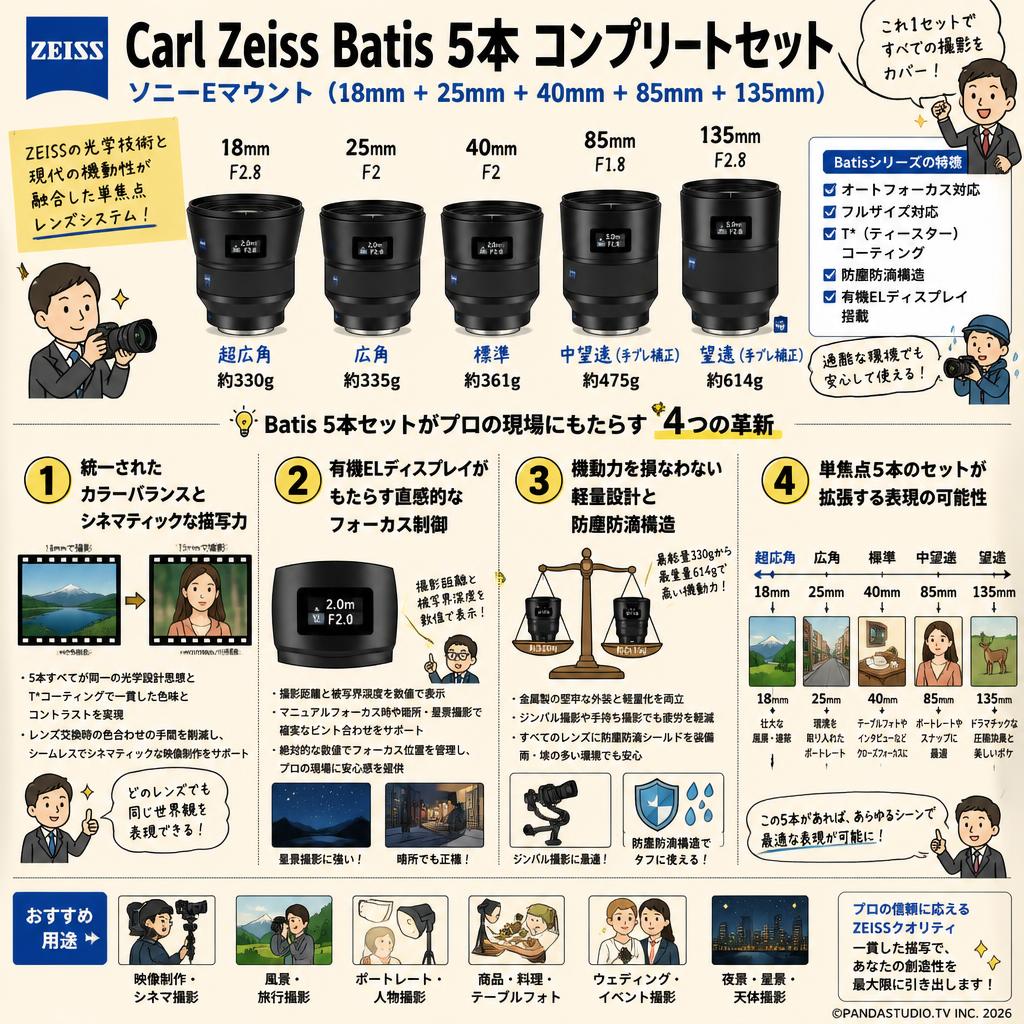 Carl Zeiss Batis 5本 コンプリート セット ソニーE マウント（18mm＋25mm＋40mm＋85mm＋135mm） 概要