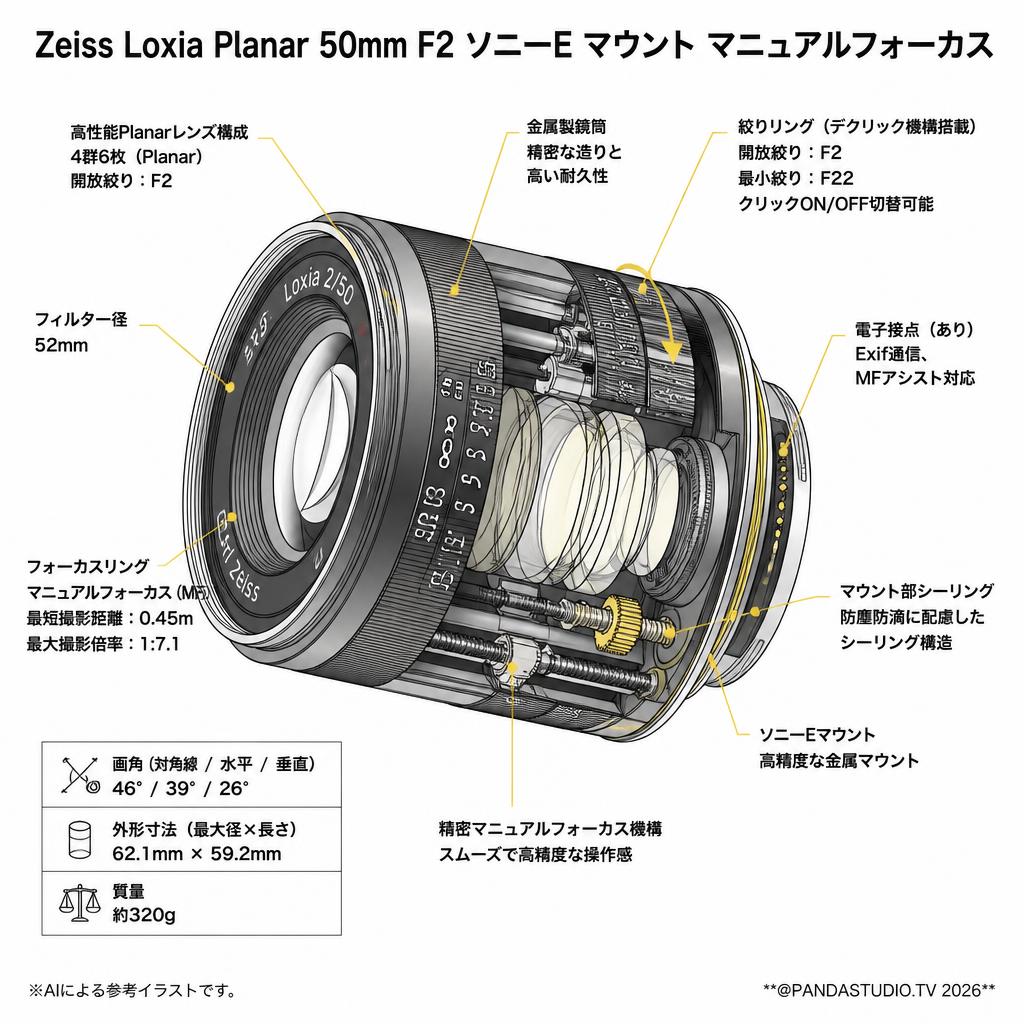 Zeiss Loxia Planar 50mm F2 ソニーE マウント マニュアルフォーカス スペック
