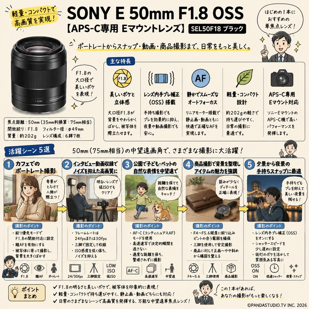 SONY E 50mm F1.8 OSS【APS-C専用 Eマウントレンズ】SEL50F18 ブラック 用途