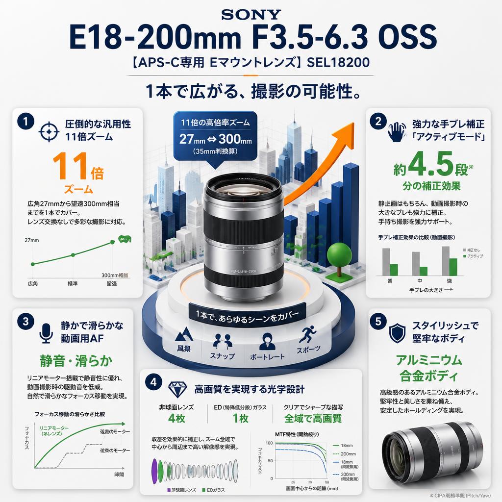 SONY E18-200mm F3.5-6.3 OSS【APS-C専用 Eマウントレンズ】SEL18200 セールスポイント