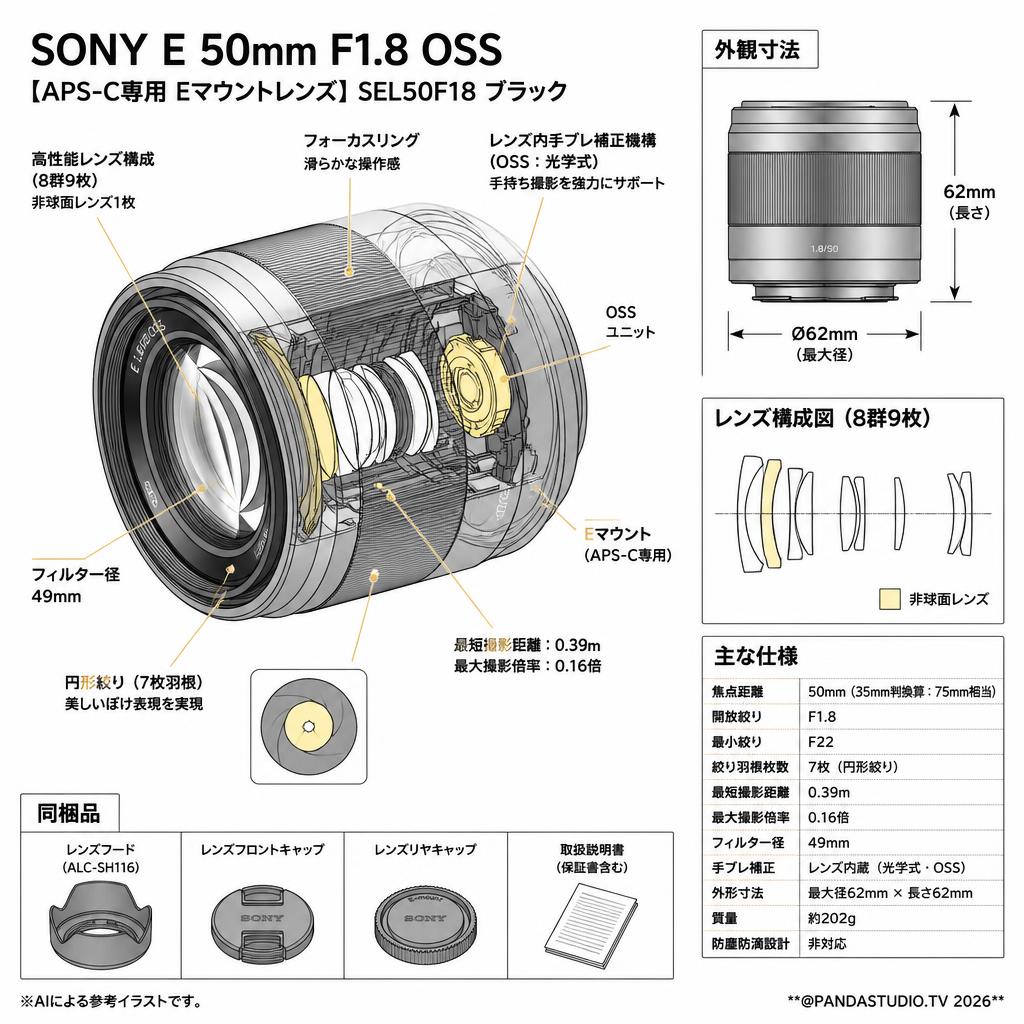 SONY E 50mm F1.8 OSS【APS-C専用 Eマウントレンズ】SEL50F18 ブラック スペック