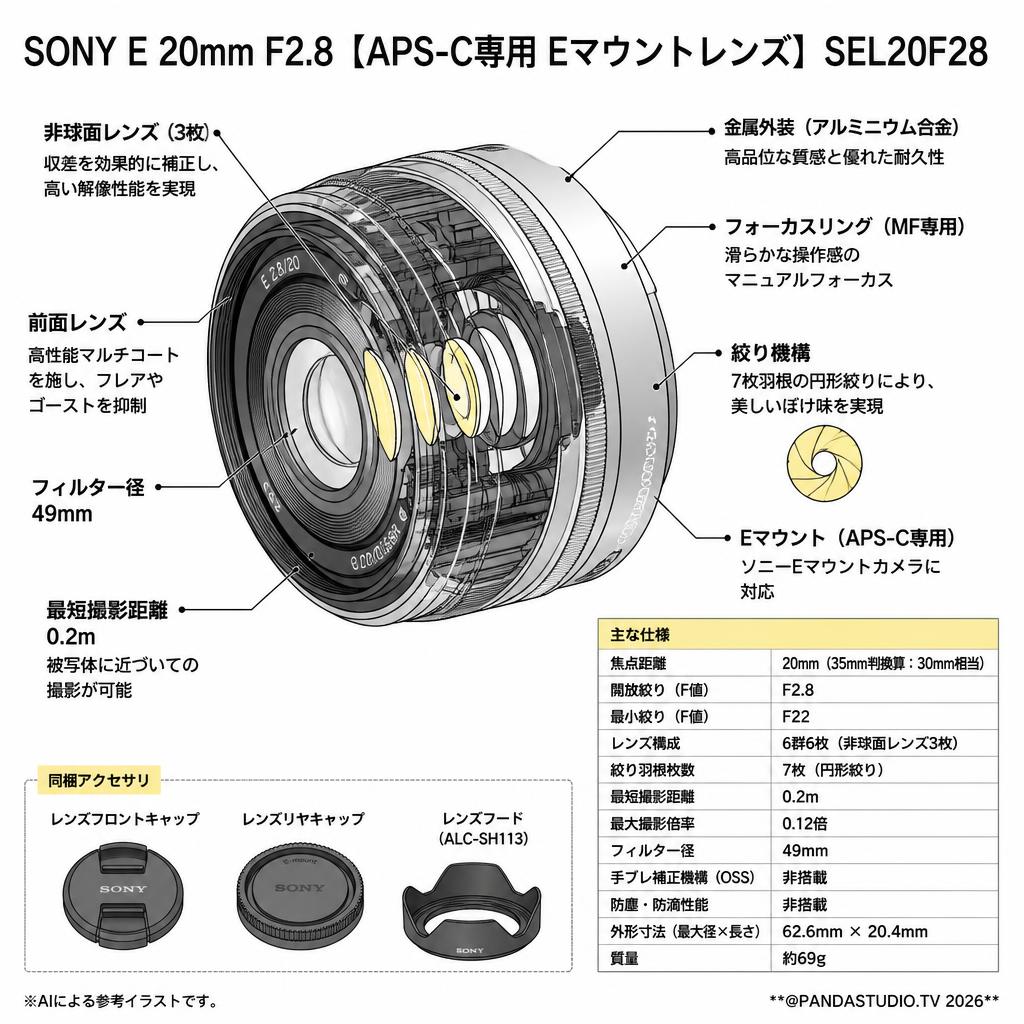 SONY E 20mm F2.8【APS-C専用 Eマウントレンズ】SEL20F28 スペック