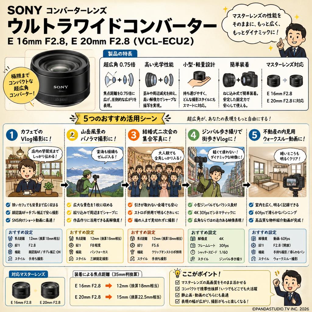 SONY コンバーターレンズ  ウルトラワイドコンバーター E 16mm F2.8,E 20mm F2.8 (VCL-ECU2) 用途
