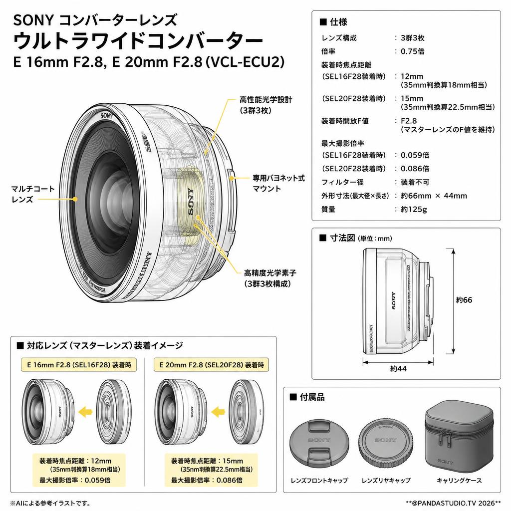 SONY コンバーターレンズ  ウルトラワイドコンバーター E 16mm F2.8,E 20mm F2.8 (VCL-ECU2) スペック