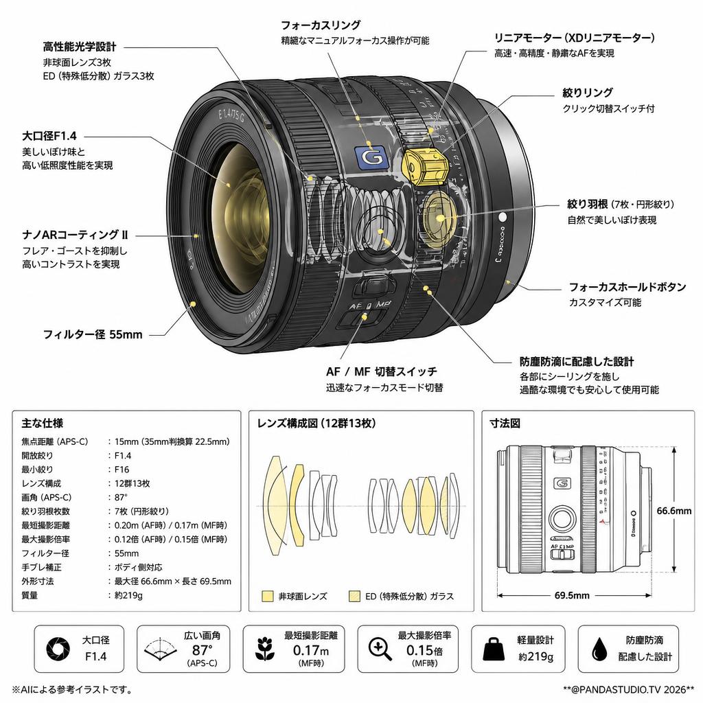 SONY E15mm F1.4 G【APS-C専用 Eマウントレンズ】SEL15F14G スペック
