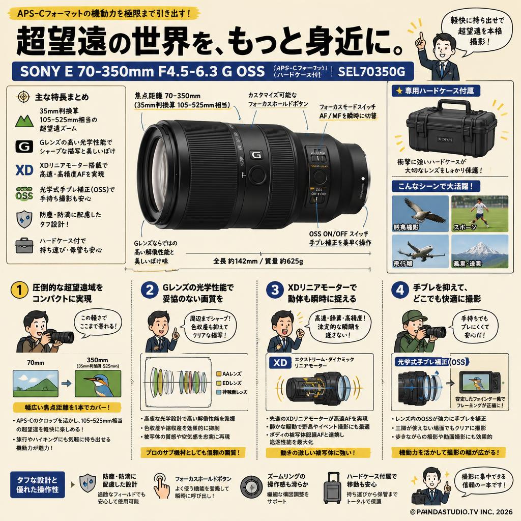 SONY E 70-350mm F4.5-6.3 G OSS （APS-Cフォーマット)(ハードケ－ス付) SEL70350G 概要