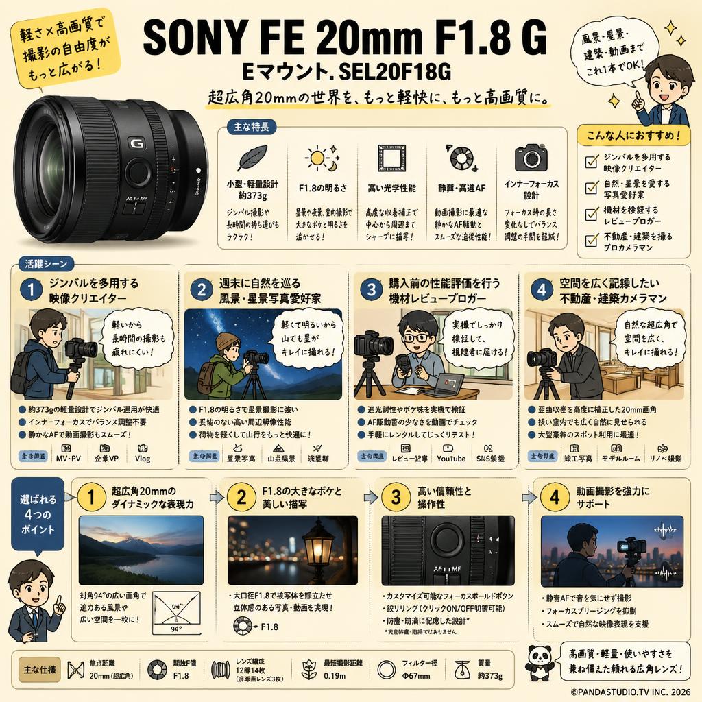 SONY FE 20mm F1.8 G Eマウント. SEL20F18G おもな対象のお客様